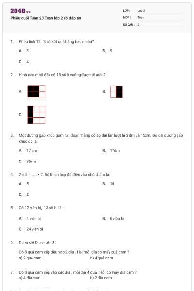Phiếu cuối Tuần 23 Toán lớp 2 có đáp án