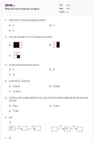 Phiếu cuối Tuần 24 Toán lớp 2 có đáp án