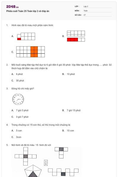 Phiếu cuối Tuần 25 Toán lớp 2 có đáp án
