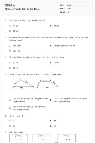 Phiếu cuối Tuần 26 Toán lớp 2 có đáp án