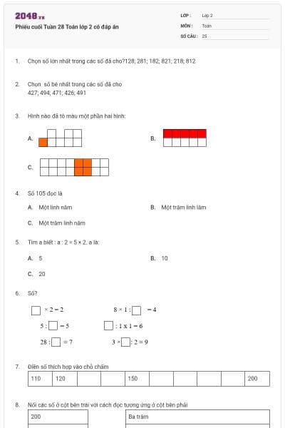 Phiếu cuối Tuần 28 Toán lớp 2 có đáp án