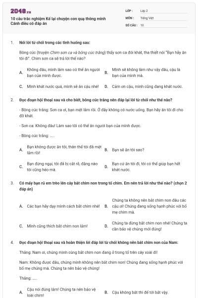 10 câu trắc nghiệm Kể lại chuyện con quạ thông minh Cánh diều có đáp án