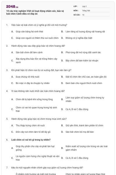 10 câu trắc nghiệm Viết về hoạt động chăm sóc, bảo vệ loài chim Cánh diều có đáp án