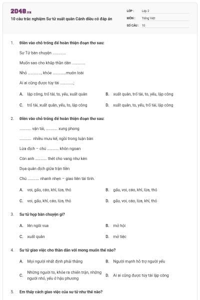 10 câu trắc nghiệm Sư tử xuất quân Cánh diều có đáp án