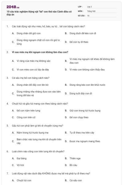 10 câu trắc nghiệm Động vật "bế" con thế nào Cánh diều có đáp án