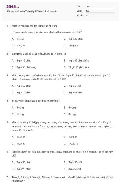 Bài tập cuối tuần Toán lớp 5 Tuần 25 có đáp án