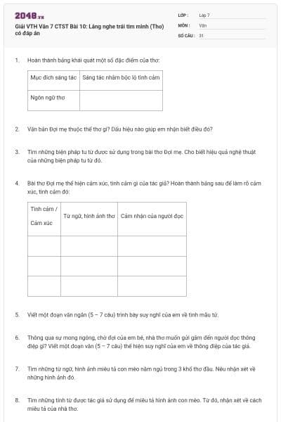 Giải VTH Văn 7 CTST Bài 10: Lắng nghe trái tim mình (Thơ) có đáp án