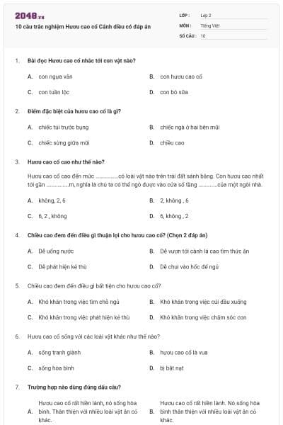 10 câu trắc nghiệm Hươu cao cổ Cánh diều có đáp án