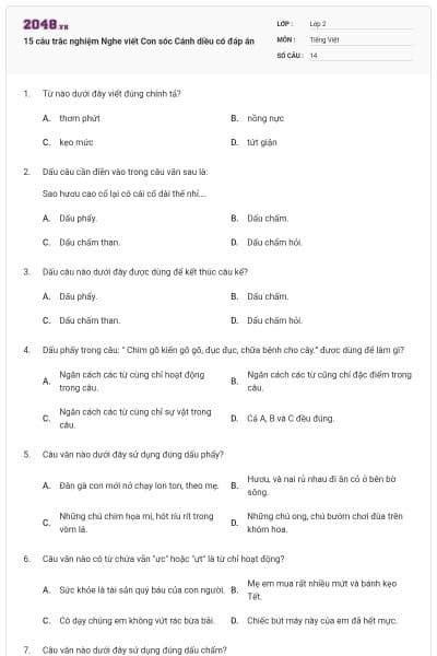 15 câu trắc nghiệm Nghe viết Con sóc Cánh diều có đáp án