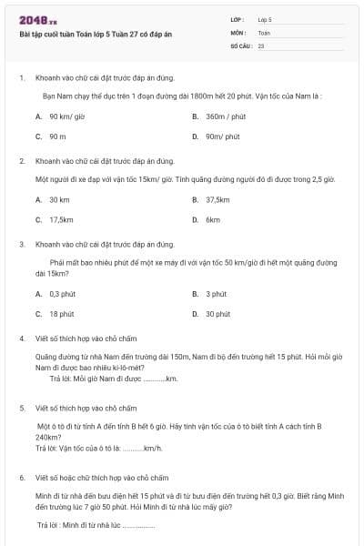 Bài tập cuối tuần Toán lớp 5 Tuần 27 có đáp án