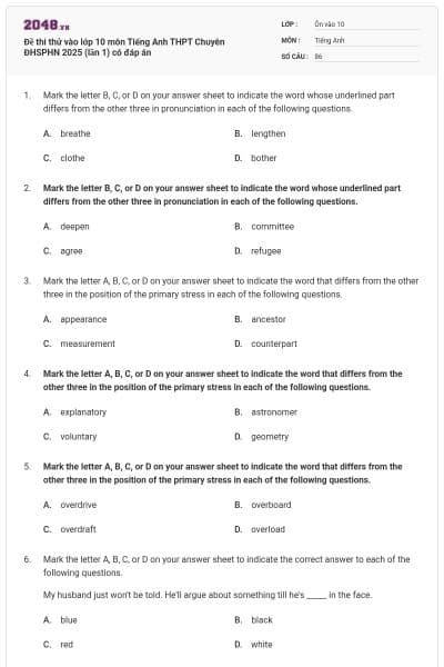 Đề thi thử vào lớp 10 môn Tiếng Anh THPT Chuyên ĐHSPHN 2025 (lần 1) có đáp án