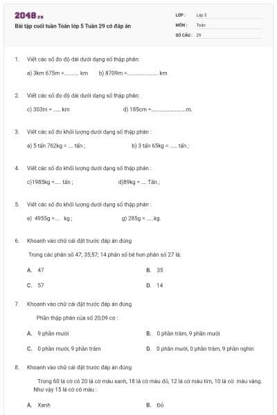 Bài tập cuối tuần Toán lớp 5 Tuần 29 có đáp án