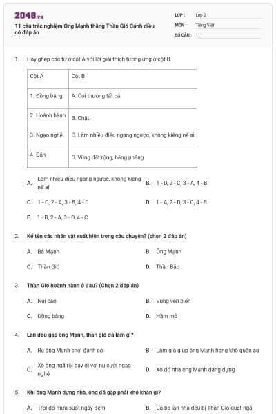 11 câu trắc nghiệm Ông Mạnh thắng Thần Gió Cánh diều có đáp án
