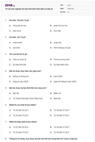 10 câu trắc nghiệm Dự báo thời tiết Cánh diều có đáp án