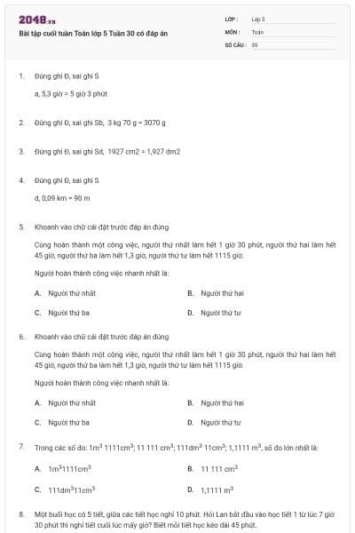 Bài tập cuối tuần Toán lớp 5 Tuần 30 có đáp án