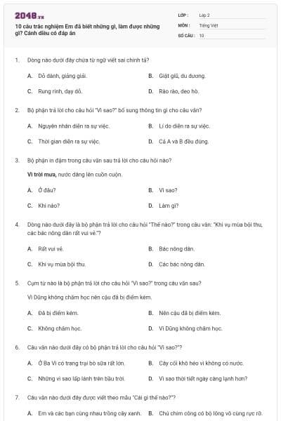 10 câu trắc nghiệm Em đã biết những gì, làm được những gì? Cánh diều có đáp án