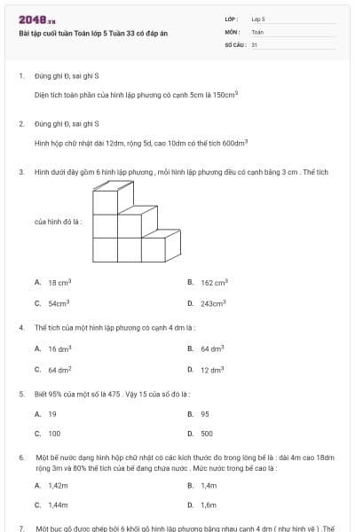 Bài tập cuối tuần Toán lớp 5 Tuần 33 có đáp án