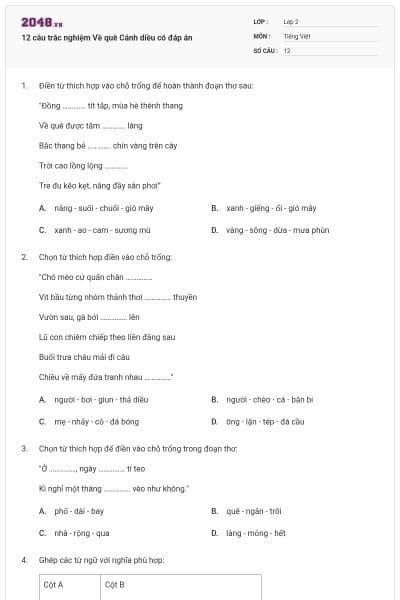 12 câu trắc nghiệm Về quê Cánh diều có đáp án