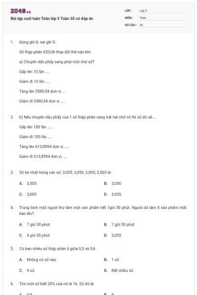 Bài tập cuối tuần Toán lớp 5 Tuần 35 có đáp án