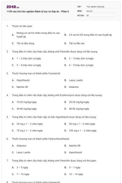 1150 câu hỏi trắc nghiệm Bệnh lý học có đáp án - Phần 6