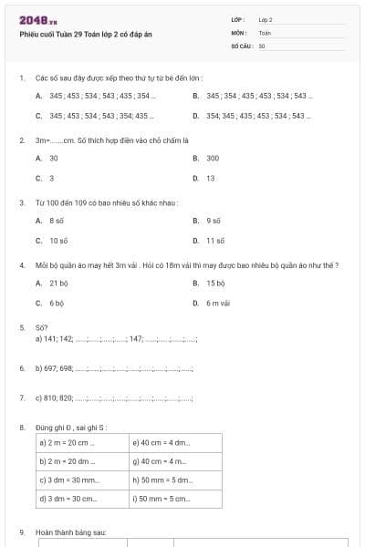 Phiếu cuối Tuần 29 Toán lớp 2 có đáp án