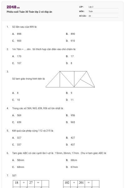 Phiếu cuối Tuần 30 Toán lớp 2 có đáp án