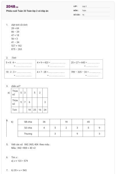 Phiếu cuối Tuần 33 Toán lớp 2 có đáp án