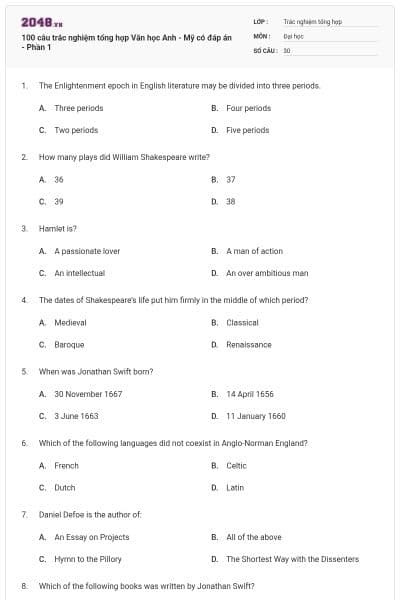 100 câu trắc nghiệm tổng hợp Văn học Anh - Mỹ có đáp án - Phần 1