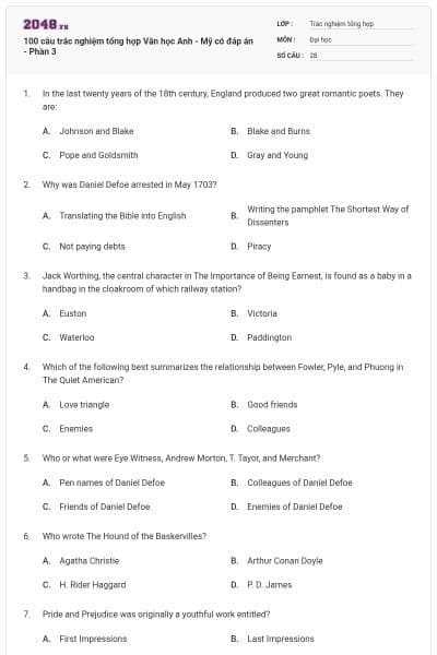 100 câu trắc nghiệm tổng hợp Văn học Anh - Mỹ có đáp án - Phần 3