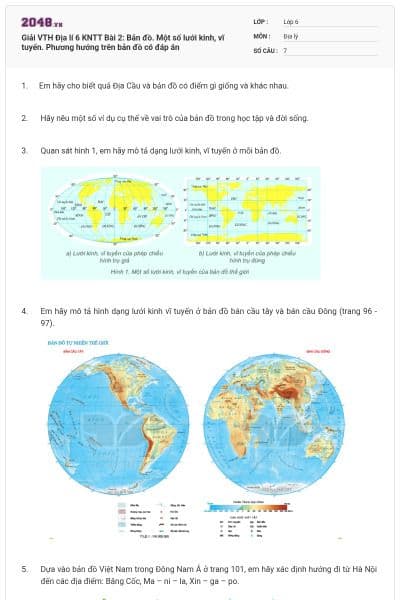 Giải VTH Địa lí 6 KNTT Bài 2: Bản đồ. Một số lưới kinh, vĩ tuyến. Phương hướng trên bản đồ có đáp án