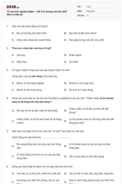 10 câu trắc nghiệm Nghe - viết Con đường của bé Cánh diều có đáp án