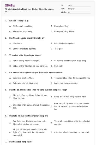 12 câu trắc nghiệm Người làm đồ chơi Cánh diều có đáp án