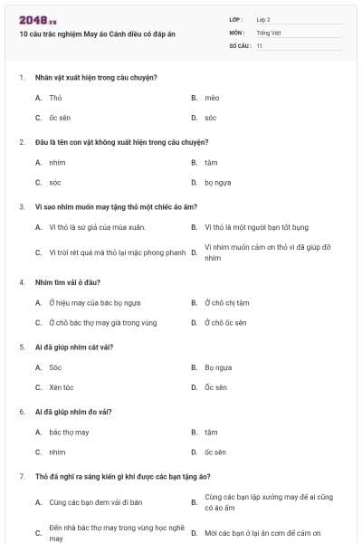 10 câu trắc nghiệm May áo Cánh diều có đáp án