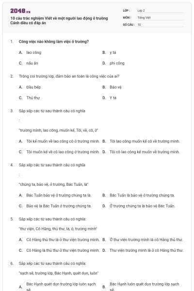 10 câu trắc nghiệm Viết về một người lao động ở trường Cánh diều có đáp án