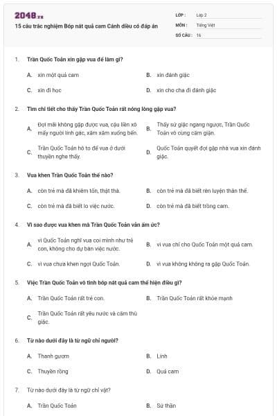 15 câu trắc nghiệm Bóp nát quả cam Cánh diều có đáp án