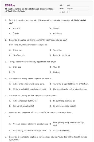 15 câu trắc nghiệm Em đã biết những gì, làm được những gì? Cánh diều có đáp án