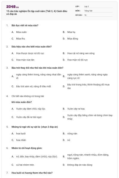 15 câu trắc nghiệm Ôn tập cuối năm (Tiết 3, 4) Cánh diều có đáp án