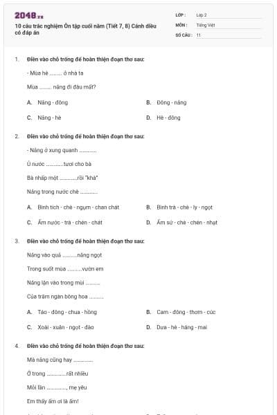 10 câu trắc nghiệm Ôn tập cuối năm (Tiết 7, 8) Cánh diều có đáp án