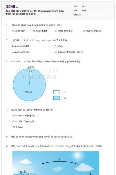 Giải SBT Địa lí 6 KNTT Bài 19: Thủy quyển và vòng tuần hoàn lớn của nước có đáp án