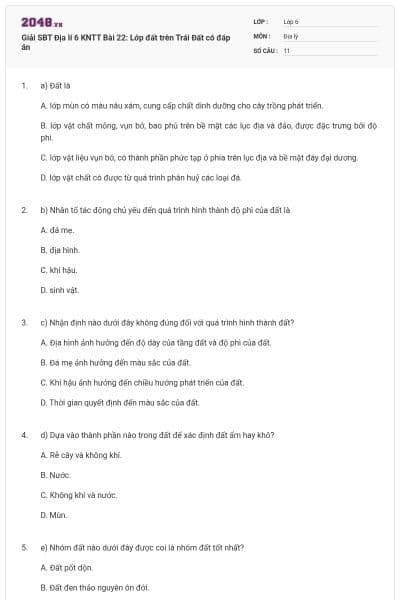 Giải SBT Địa lí 6 KNTT Bài 22: Lớp đất trên Trái Đất có đáp án