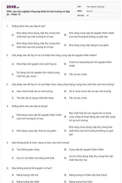 500+ câu trắc nghiệm tổng hợp Kinh tế môi trường có đáp án - Phần 13