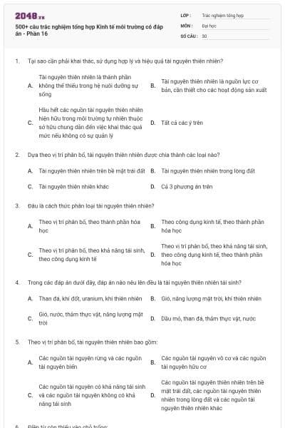 500+ câu trắc nghiệm tổng hợp Kinh tế môi trường có đáp án - Phần 16