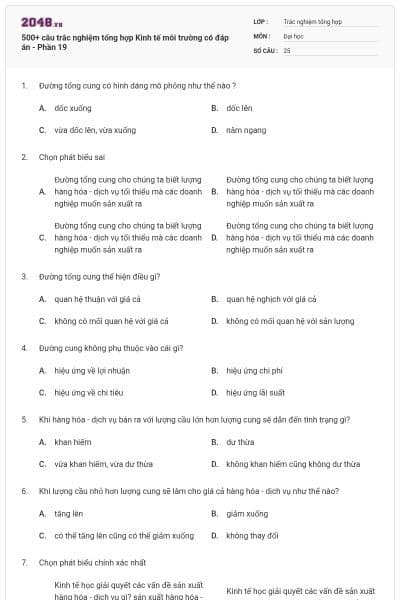 500+ câu trắc nghiệm tổng hợp Kinh tế môi trường có đáp án - Phần 19