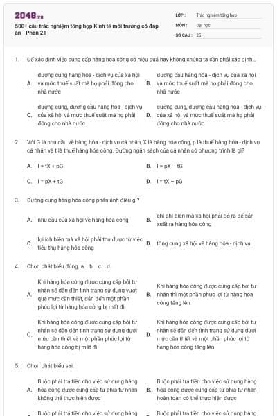 500+ câu trắc nghiệm tổng hợp Kinh tế môi trường có đáp án - Phần 21