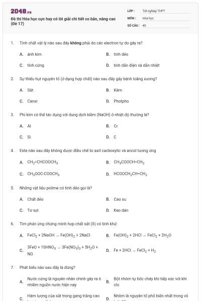 Đề thi Hóa học cực hay có lời giải chi tiết cơ bản, nâng cao (Đề 17)