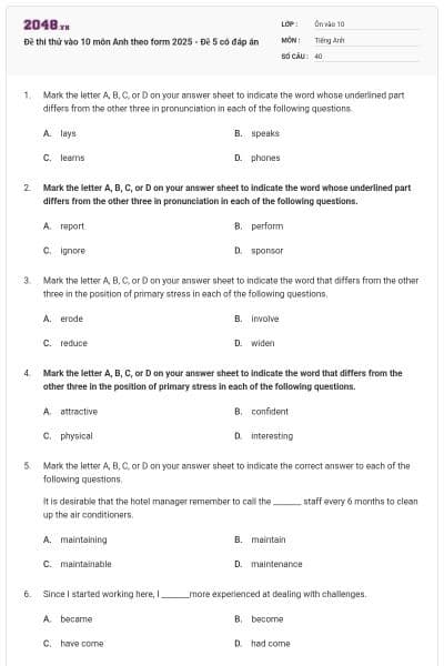 Đề thi thử vào 10 môn Anh theo form 2025 - Đề 5 có đáp án