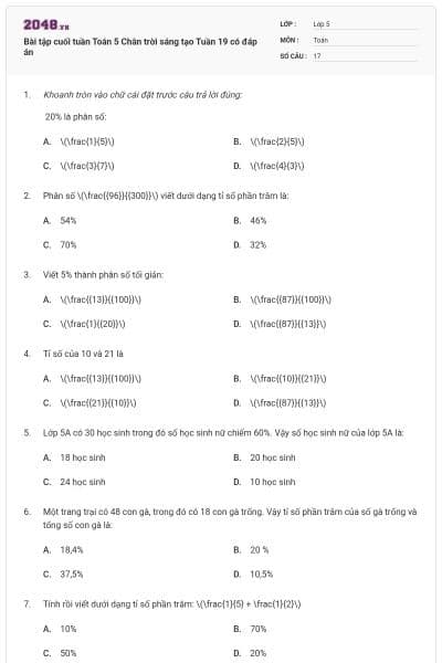 Bài tập cuối tuần Toán 5 Chân trời sáng tạo Tuần 19 có đáp án