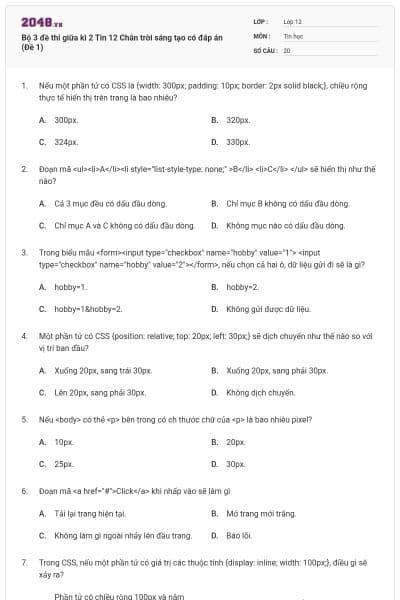 Bộ 3 đề thi giữa kì 2 Tin 12 Chân trời sáng tạo có đáp án (Đề 1)