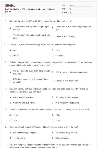 Bộ 3 đề thi giữa kì 2 Tin 12 Chân trời sáng tạo có đáp án (Đề 3)