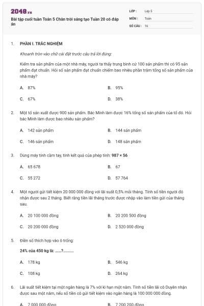 Bài tập cuối tuần Toán 5 Chân trời sáng tạo Tuần 20 có đáp án
